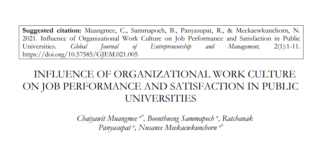 Influence of Organizational Work Culture on Job Performance and Satisfaction in Public Universities.