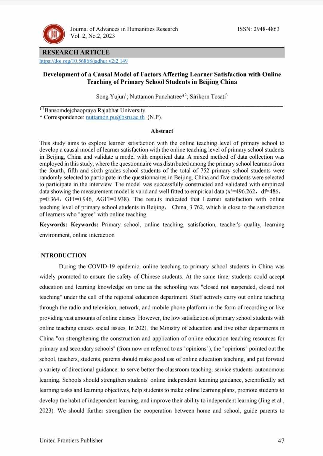 Development of a Causal Model of Factors Affecting Learner Satisfaction with Online Teaching of Primary School Students in Beijing China