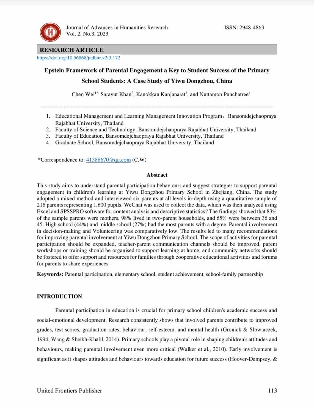 Epstein Framework of Parental Engagement a Key to Student Success of the Primary School Students: A Case Study of Yiwu Dongzhou, China