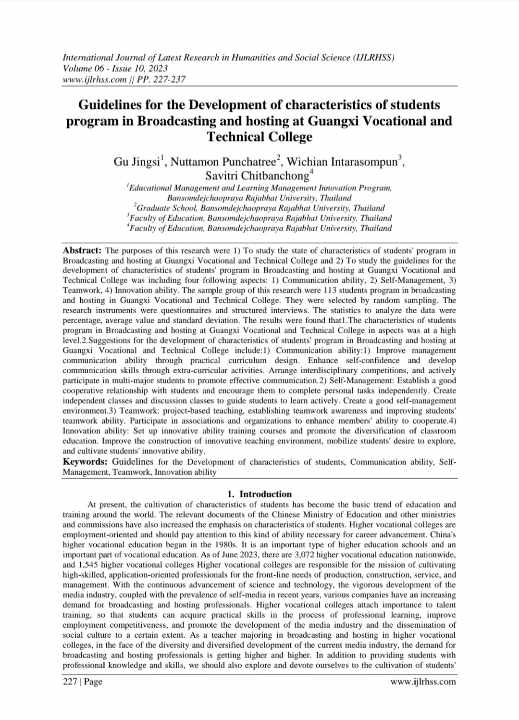Guidelines for the Development of characteristics of students program in Broadcasting and hosting at Guangxi Vocational and Technical College