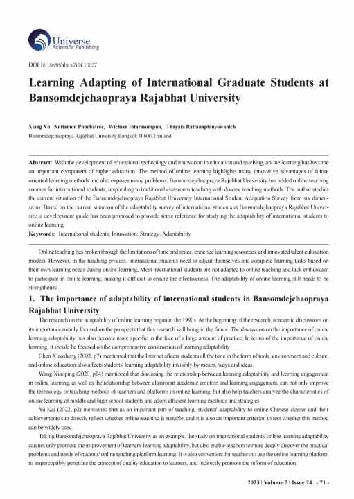 Learning Adapting of International Graduate Students at Bansomdejchaopraya Rajabhat University
