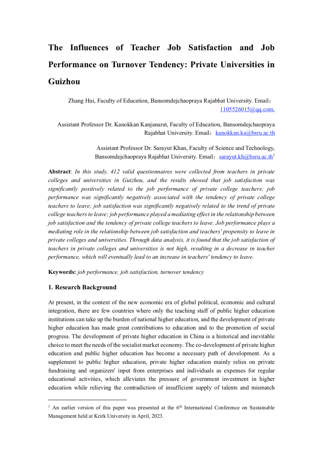 The Influences of Teacher Job Satisfaction and Job Performance on Turnover Tendency: Private Universities in Guizhou