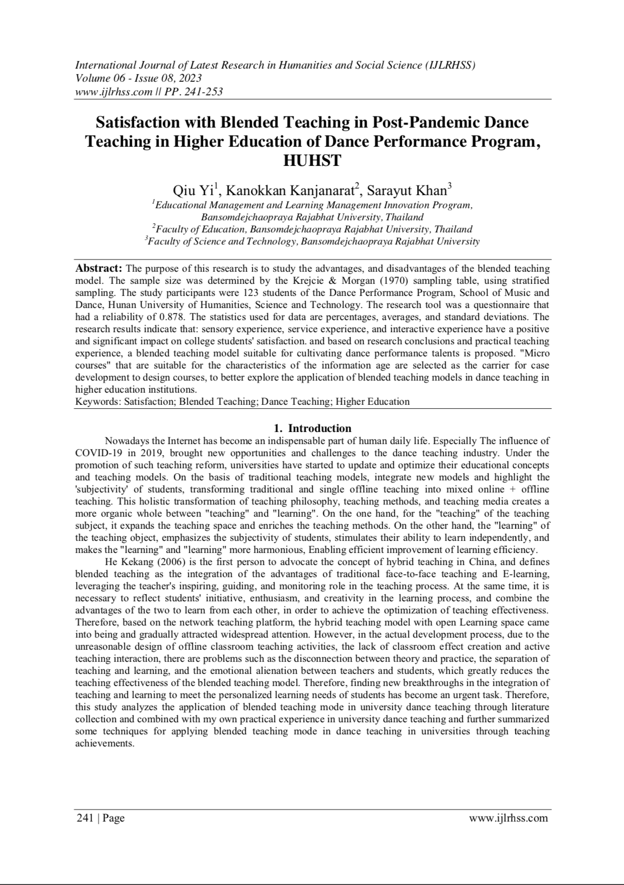 Satisfaction with blended teaching in post-pandemic dance teaching in higher education of dance performance program