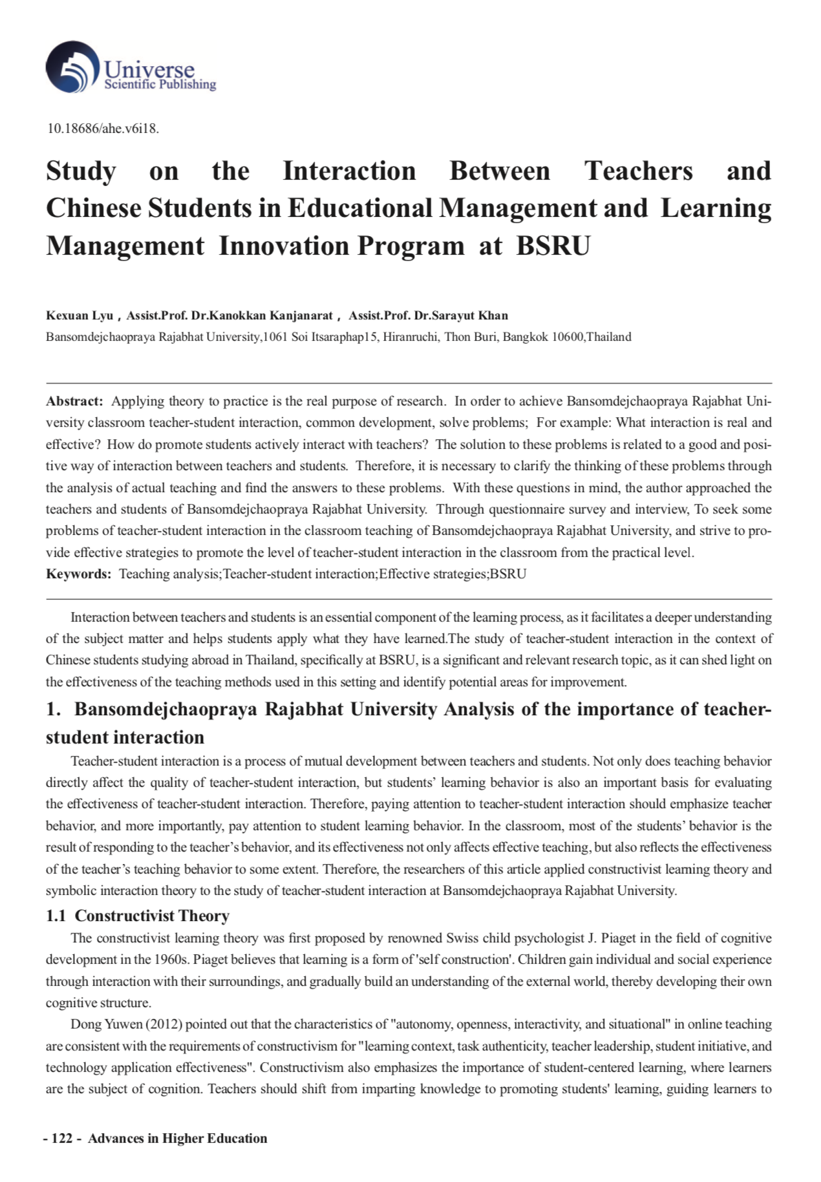 Study on the Interaction between Teachers and Chinese Students in Educational Management and Learning Management Innovation Program at BSRU